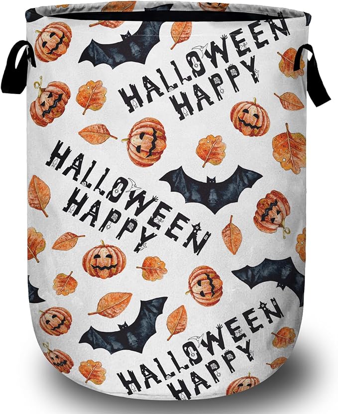 Halloween Pumpkin Bat Laundry Basket with Sturdy Handles, Happy Halloween Collapsible Oxford Cloth Laundry Hamper Organizer Basket for Bathroom Bedroom 15.7x20 Inch