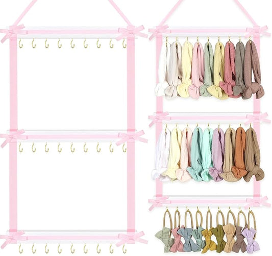 POVETIRE Headband Holder for Baby Girls, Hanging Headband Organizer Nylon Hairband Storage, Wall Hair Accessories Organizer Display for Nursery Room Decor