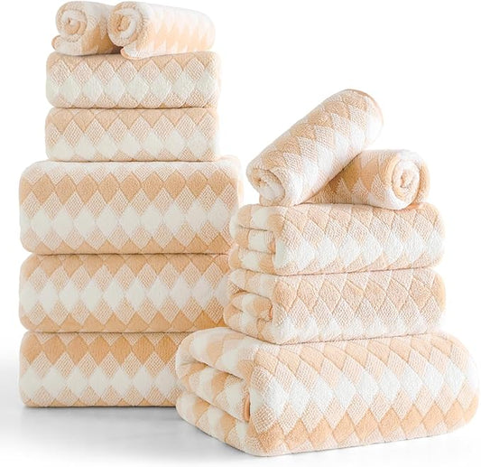 12 Pcs Yellow White Diamond Towel Set-4 Bath Towels,4 Hand Towels,4 Washcloths Soft Polyester Bath Sheet with Loop Absorbent Shower Towel Quick Dry Beach Chair Towel Family Towels for Bathroom Spa Gym