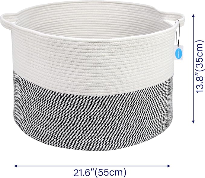 Casaphoria XXXLarge Cotton Rope Basket for Living Room - Woven Storage Basket with Handle for Blankets, Towels and Pillows Laundry Hamper | White & Grey (21.7" x 21.7" x 13.8")