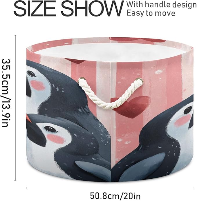 Blanket Storage Basket for Living Room - Penguins Large 20"x20"x14" Cotton Rope Handles Laundry Basket, Foldable for Toy Storage, Blanket Basket