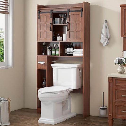 Over The Toilet Storage Cabinet, Farmhouse Storage Cabinet Over Toilet with Sliding Doors，Home Space-Saving Toilet Rack, for Bathroom, Restroom, Laundry. Walnut