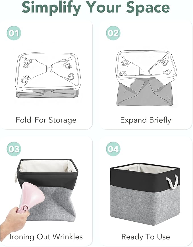 13x15x13 Storage Cube Bins, Heavy Duty Foldable Fabric Storage Bins with Handles and Metal Frame, 6 Pack Large Closet Organizer Bins for Clothes, Socks, Towels, Black Grey