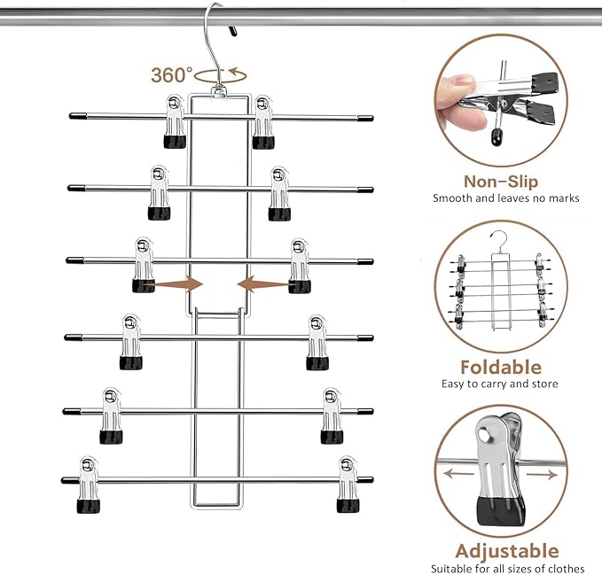 Pants Hangers with Clips,Space Saving Hanging Closet Organizer-6 Tiers Skirt Hangers with 360° Swivel Hook,Closet Organizer-Clothes Hangers- College Dorm Essentials Apartment Essentials- 4 Pack