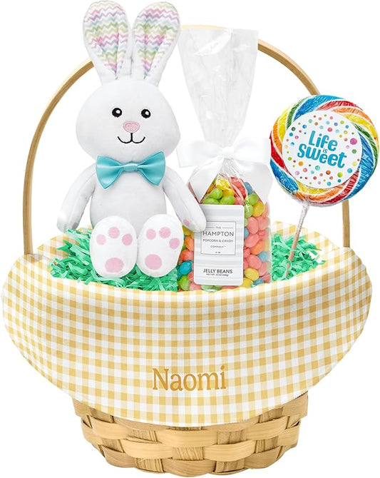 Let's Make Memories Personalized Easter Basket for Kids- For Boys - For Girls - Create Your Own - Fillable - Wicker - Easter Basket Stuffers - Small - Yellow Spring Gingham