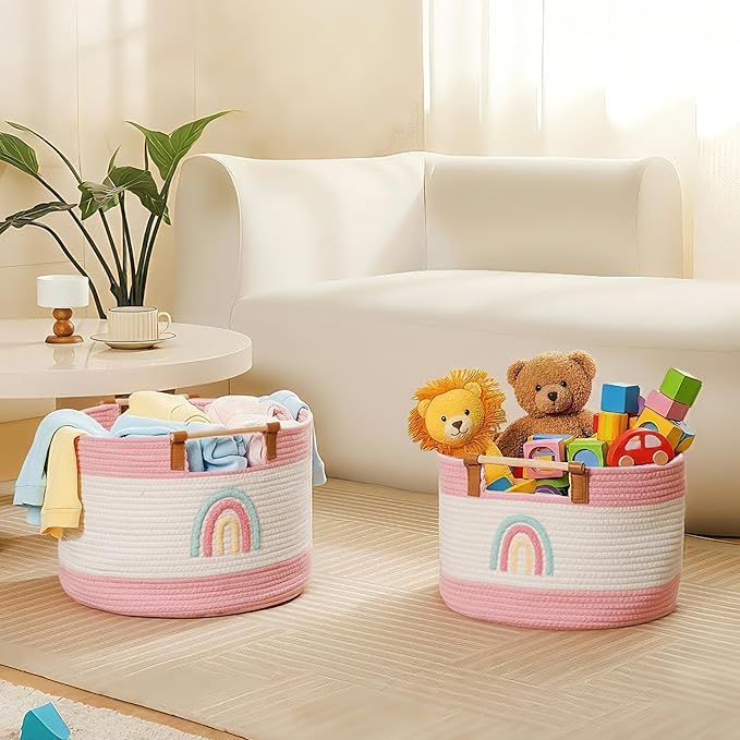 Cotton Rope Baskets for Kids Stuffed Animal Toys Storage for Nursery, Baby Baskets for Gifts Empty, Woven Basket with Wooden Handles Blanket Towel Toy 0rganizer Girls Blanket Storage Bins, Rainbow