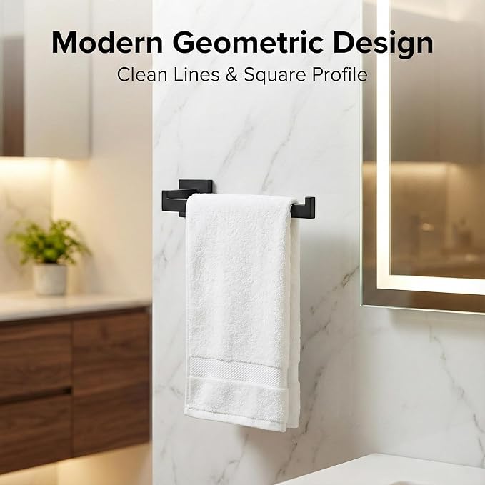 5 Piece Bathroom Hardware Set Matte Black, SUS304 Stainless Steel Towel Bar Set, Modern Square Accessories with 16 Inch Rack Toilet Paper Holder Robe Hooks (Matte Black)