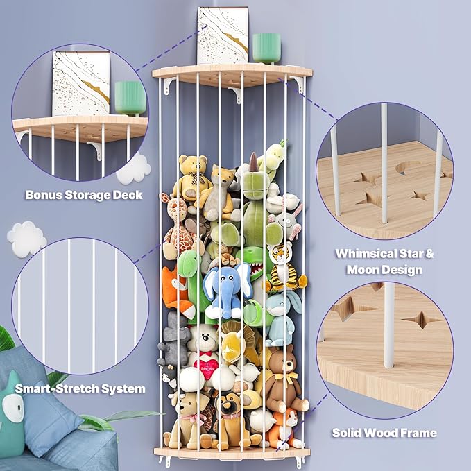 Corner Stuffed Animal Storage Zoo – Adjustable Natural Solid Wood Toy Organizer & Teddy Bear Holder – Large Wall Plushie Cage Shelf with Reinforced Star & Moon Cutouts for Nursery Kids Room