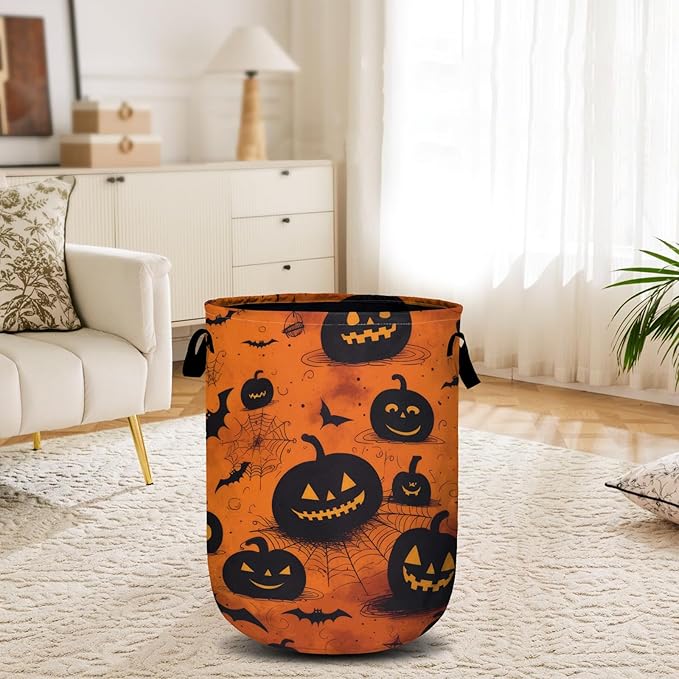 Spooky Pumpkin Laundry Basket, Halloween Laundry Hamper Collapsible Oxford Cloth with Handle Clothes Toy Storage Bin for Bathroom Laundry Room Bedroom 15.7 X 20 Inch