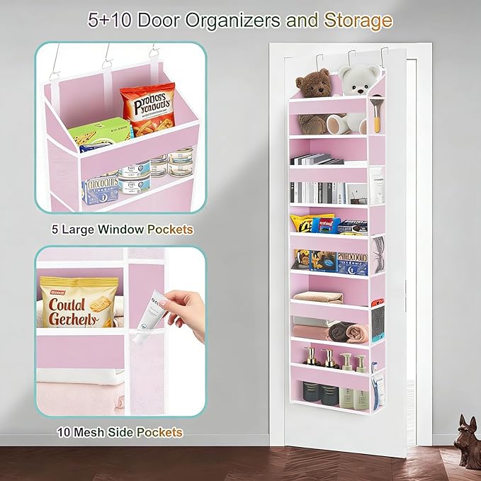 Over The Door Organizer Closet,5 Bins 10 Side Pockets,Hanging Door Organizer,Anti Tilt 44 lbs Load Organizers and Storage with Clear Window for Bedroom,Nursery,Rv,Bathroom,Camper(Pink)