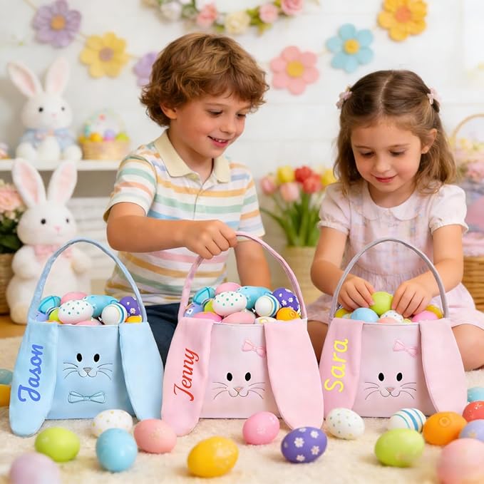 Hwingo Personalized Bunny Treat Basket with Embroidered Name, Custom Easter Baskets Egg Fillers, Personalized Easter Bags Candy Festival Gifts Storage (Blue)
