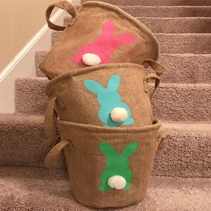 3Pcs Easter Bunny Basket for Kids - Burlap Carrying with Two Handles Gift and Eggs Hunt Bag, Fluffy Tails Printed Rabbit Toys Bucket Tote Basket Bags for Girls & Boys (Green, Blue, Pink)