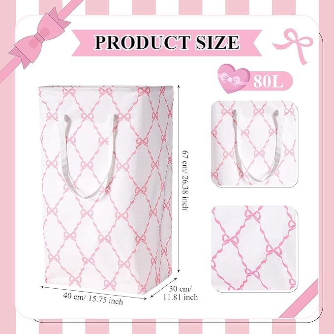 Leinuosen 2 Pcs Bow Pink Laundry Basket Pink Laundry Hamper Large Collapsible Bow Storage Baskets Cute Nursery Clothes Waterproof Hamper Room Organization for Bedroom Decor(Grid)