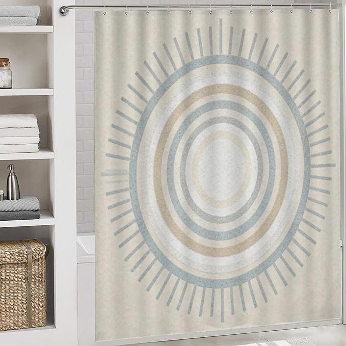 4 Piece Bathroom Rug Set with Shower Curtain, Non-Slip Bath Mat Toilet Cover Set, Center of Circles Bathroom Rug Sets