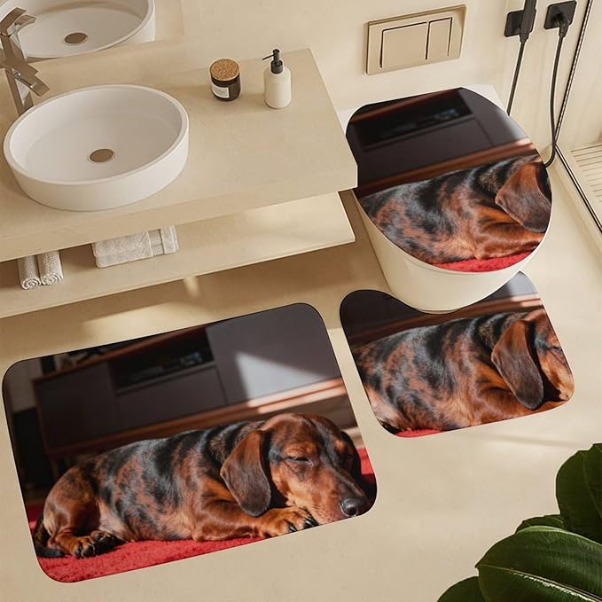 4 Piece Bathroom Rug Set with Shower Curtain, Non-Slip Bath Mat Toilet Cover Set, Dachshund Bathroom Rug Sets