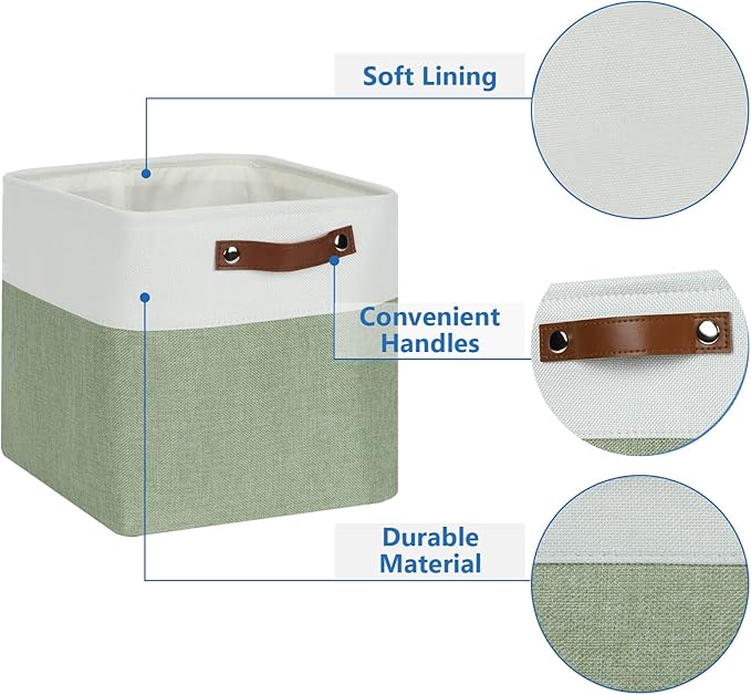 Temary Storage Baskets for Shelves 11 Inch Fabric Cube Storage Bins 4Pack Storage Cubes Fabric Storage Baskets for Organizing, Clothes, Decorative Cube Baskets with Handles (White&Green)