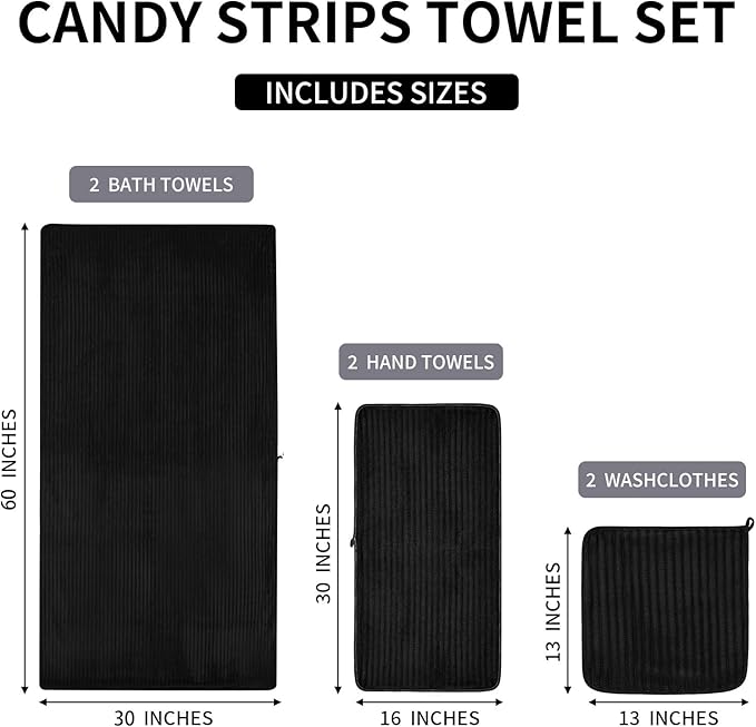 6-Piece Bath Towel Set(30"x60"), 2 Large Bath Towel Sheets, 2 Hand Towels and 2 Washcloths - Highly Absorbent Quick Dry Microfiber,Ultra Soft Towel Set for Bathroom (Black)