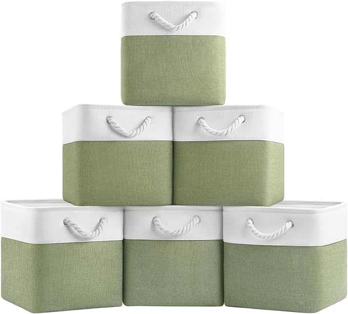 11 Inch Cube Storage Bins, 6 Pack Fabric Storage Cubes with Rope Handles, Organizer Baskets for Closet Shelves, Clothes and Home Organization(White/Green)