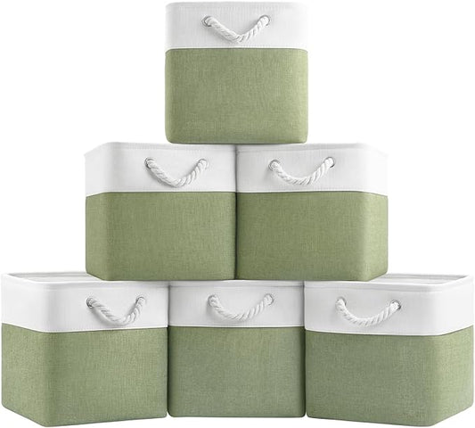 11 Inch Cube Storage Bins, 6 Pack Fabric Storage Cubes with Rope Handles, Organizer Baskets for Closet Shelves, Clothes and Home Organization(White/Green)