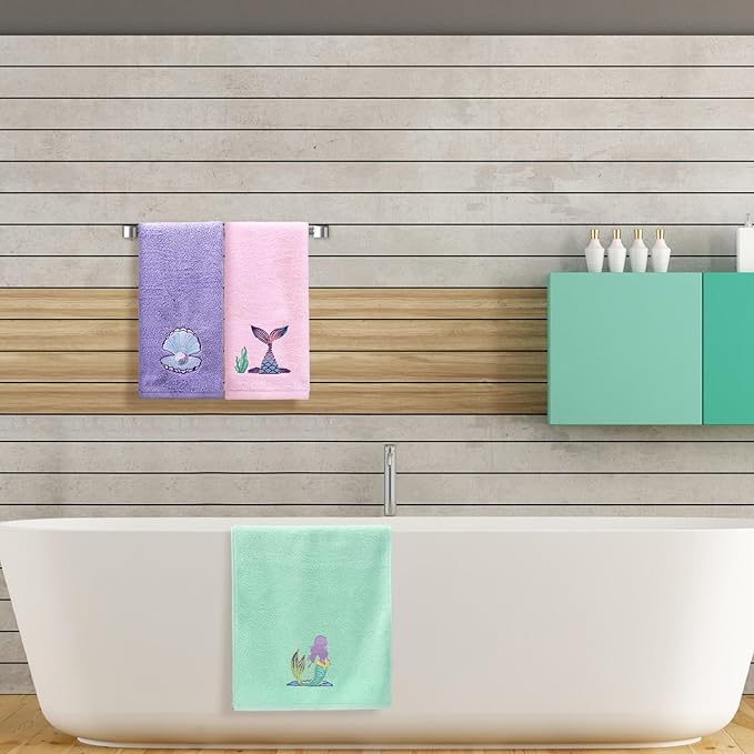 3 Pcs Watercolor Mermaid Hand Towels 14 x 29 Inch Cotton Embroidered Mermaid Shell Beach Bathroom Towels Sea Ocean Bathroom Decorative for Home Drying Cleaning Cooking Gift