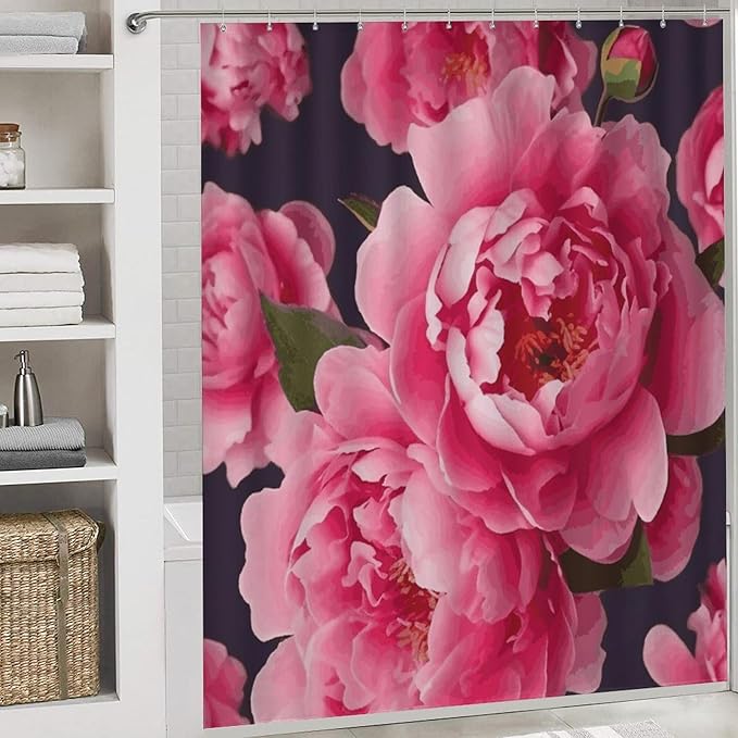 4 Piece Bathroom Rug Set with Shower Curtain, Non-Slip Bath Mat Toilet Cover Set, Peony Flowers Bathroom Rug Sets