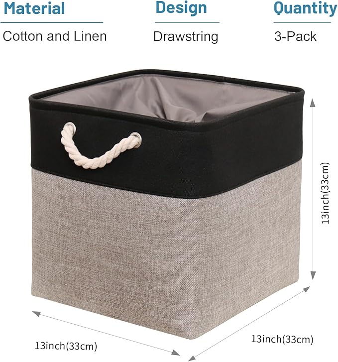 HOdo Home Fabric Storage Bin with Drawstring Closure and 2 Bold Handles, Collapsible Large Canvas Storage Baskets for Organizing Shelf Nursery Home Closet (Grey&Black, 13L×13W×13H - 3Pack)