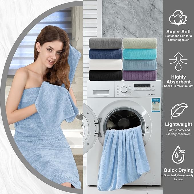 8 Piece Bath Towel Set Blue|2 Oversized Large Bath Sheet,2 Hand Towels,4 Washcloths| Ultra Soft Cozy Bath Towel Set for Bathroom Hotel Gym Spa,Highly Absorbent & Quick Dry Bathroom Towel Collections