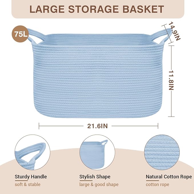 YOUDENOVA Nursery Storage Basket，21.6''×14.9''×11.8'' Rectangle Cotton Rope Blanket Basket, Nursery Laundry Hamper for Organizing，Toy Basket for Living Room, Bedroom