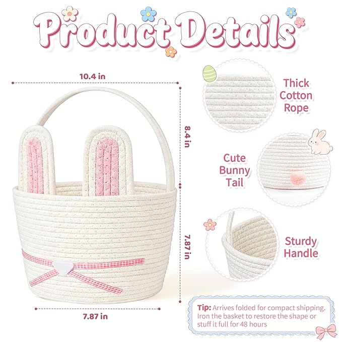 Easter Basket, Easter Bunny Basket with Removable Ears Woven Easter Egg Hunt Basket First Easter Gift Baskets Empty Easter Baskets Essentials Easter Bucket for Girls Boys Teens (Pink White)