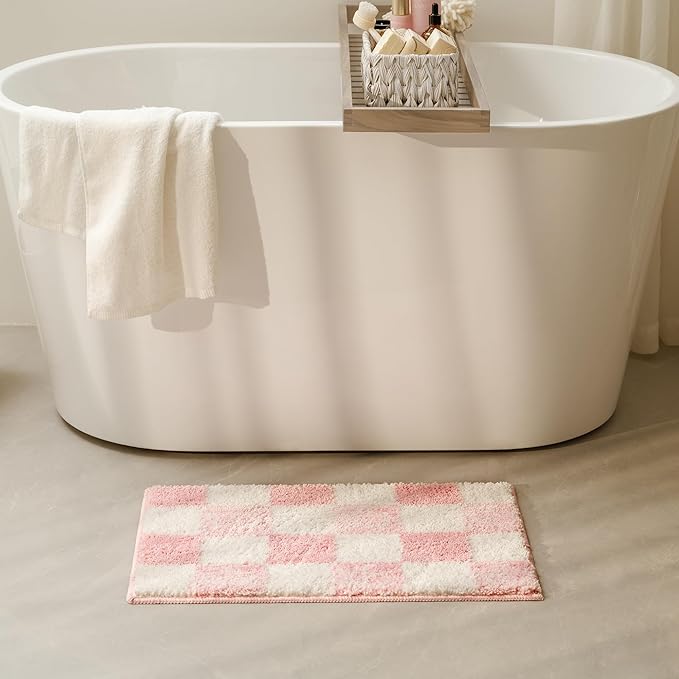 GRANNY SAYS Checkered Pink Bathroom Rugs Decor, 24" x 16", Fluffy Rug, Absorbent Microfiber Ultra Soft Bath Mat Washable, Non-Slip Bath Mats for Bathroom, Cute Floor Mat for Tub, Shower, Bedroom