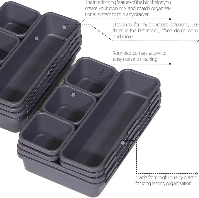 42 Pack Interlocking Desk Drawer Organizer Tray Dividers Plastic Shallow Narrow Drawers Organizers Separators Storage Bins Container for Kitchen Bathroom Makeup Office Vanity Dresser