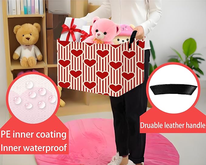 Large Valentine's Day Basket Heart Shaped Storage Bin for Gifts Collapsible Organizer Room Decor (Vertical Bar Red Love)