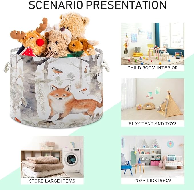 Blanket Storage Basket for Living Room - Cute Forest Fox Large 20"x20"x14" Cotton Rope Handles Laundry Basket, Foldable for Toy Storage, Blanket Basket