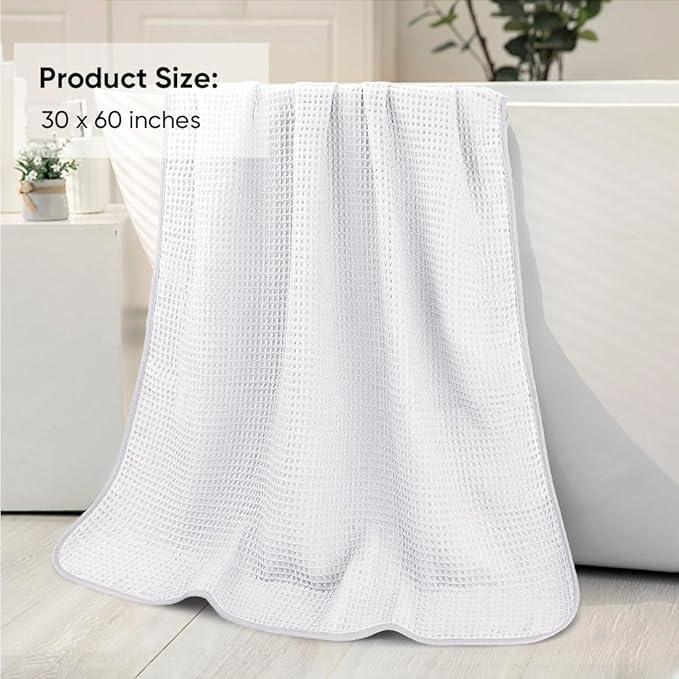 HOMEXCEL Waffle Bath Towels Set 4 Pack, Premium Microfiber Bathroom Towels, Ultra Soft, Lightweight, Highly Absorbent and Quick Dry Towel for Bathroom, Gym, Shower, Hotel, and Spa, 30 x 60 Inch, White
