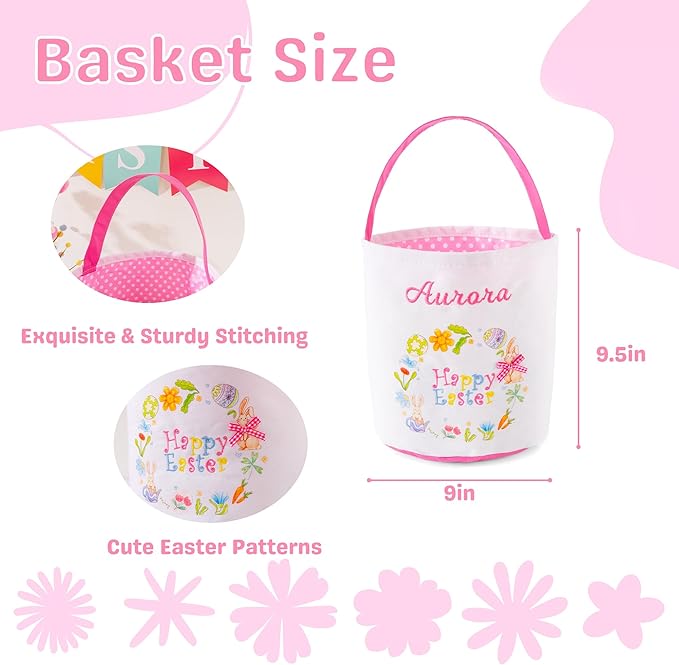 MT WORLD Toddler Easter Basket Personalized Easter Egg Bucket for Kids with Embroidered Name Pink Bunny Bucket Custom Candy Tote Bag for Baby Girls Candy Gifts Bucket