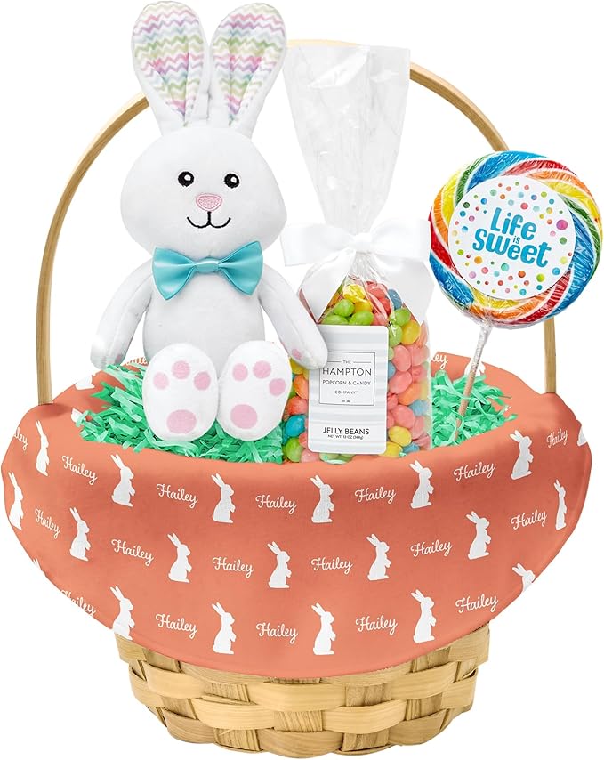 Let's Make Memories Personalized Easter Basket for Kids - For Boys - For Girls - Create Your Own - Fillable - Wicker - Easter Basket Stuffers - Small - Sunset Orange Hoppy Bunny