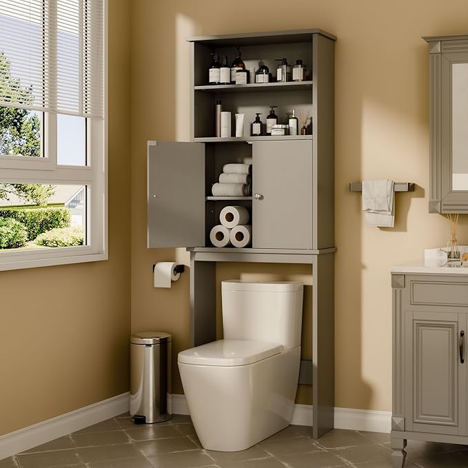 Walsunny Over The Toilet Storage Cabinet, Bathroom Organizer with Open Shelves and Double Doors, Space Saving Toilet Storage