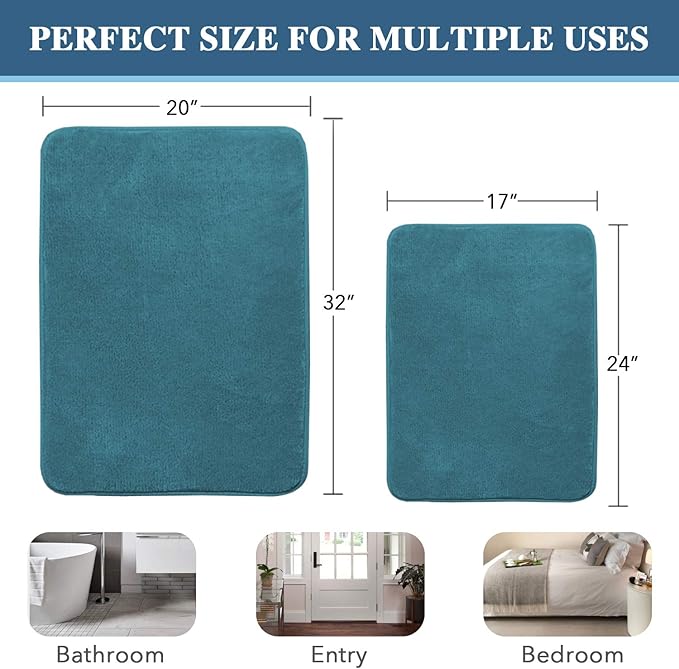 H.VERSAILTEX Bath Mat Memory Foam Set Bathroom Rug Set Flannel Velvety Bath Mat Luxury Extra Soft and Absorbent Non Slip Rugs for Bathroom/Bedroom Washable(2 Pack- 20"x 32"/ 17"x 24", Dark Teal)
