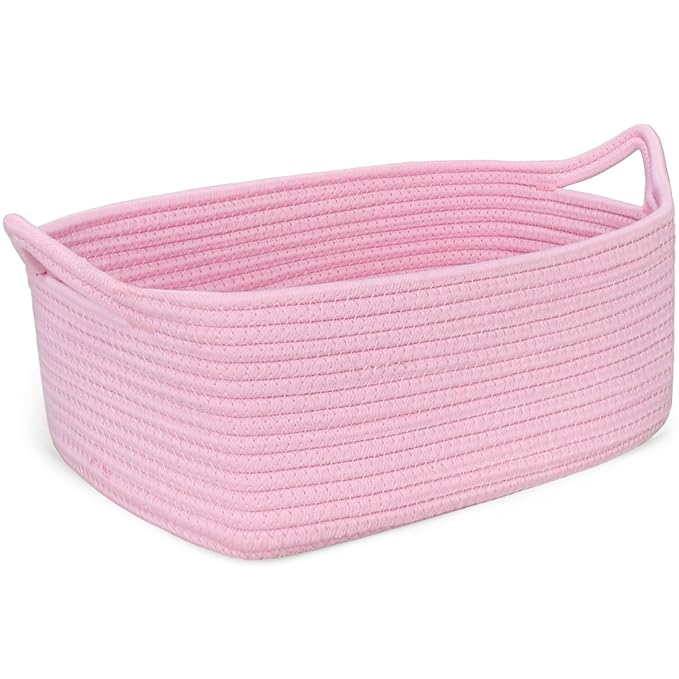 ABenkle Small Storage Basket with Handles, Cotton Rope Woven Dog Cat Toy Bin, Decorative Shelves Closet Organizing for Nursery Laundry Bedroom Bathroom, 14.2''x 11''x 5.1''