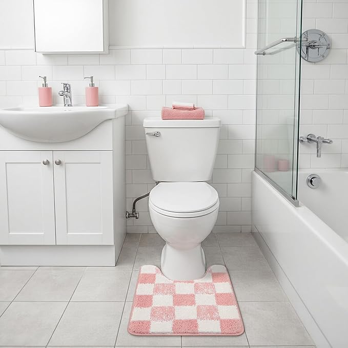GRANNY SAYS Toilet Rugs U Shaped Washable Non Slip, Toilet Mats for Bathroom Soft Plush Shaggy Absorbent, Microfiber Bath Mats for Bathroom Toilets Cute Decor, 20" x 24", Checkered Pink