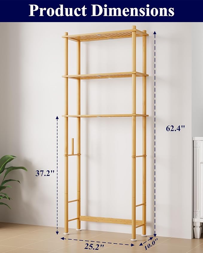 Kitsure 3-Tier Bamboo Over The Toilet Storage Cabinet, Bathroom Organizer and Above Toilet Shelf with Paper Holder, Freestanding Space Saving Rack with Wall Anchor, Natural (62.4” H)