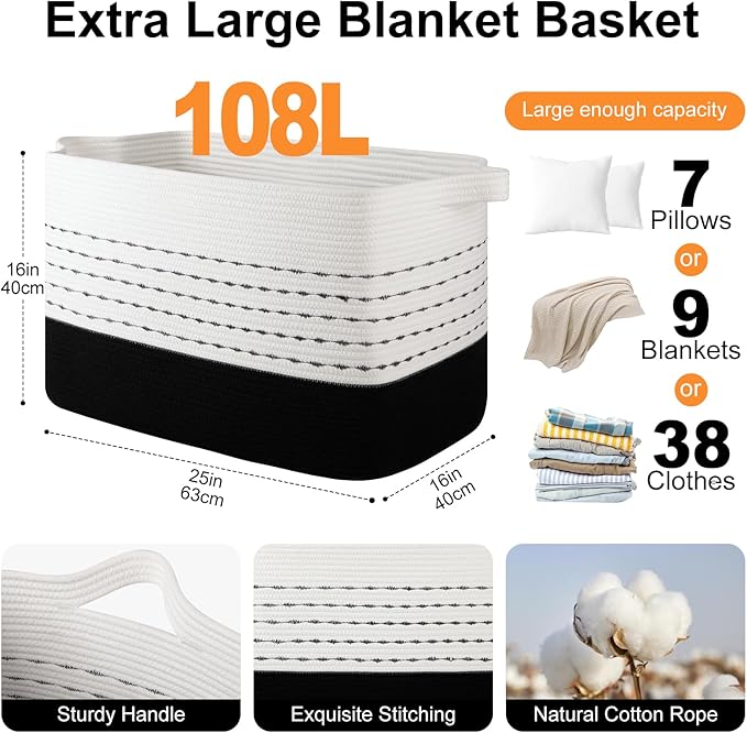 OIAHOMY 108L Extra Large Blanket Basket, 25”x16”x16” Rectangle Woven Cotton Rope Baskets for for Living Room, Toy Storage with Handle- Gradient Black