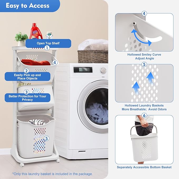 3-Tier Storage Basket Laundry Basket Rolling Cart Washing Hamper Storage Bin Shelf Multifunctional rotating laundry basket organizer Removable Clothes Laundry Basket for Kitchen Living Room