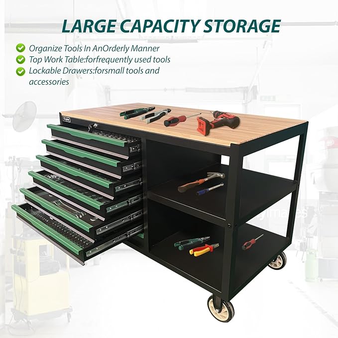7-Drawers Professional Tool Cart Cabinet,Rolling Tool Chest with Double Shelves,Wood Workbench,51.1W x 18.9D x 32.3H inches for Garage, Workshop, or Outdoor Use(7 Drawers + 258 Pieces Tool)
