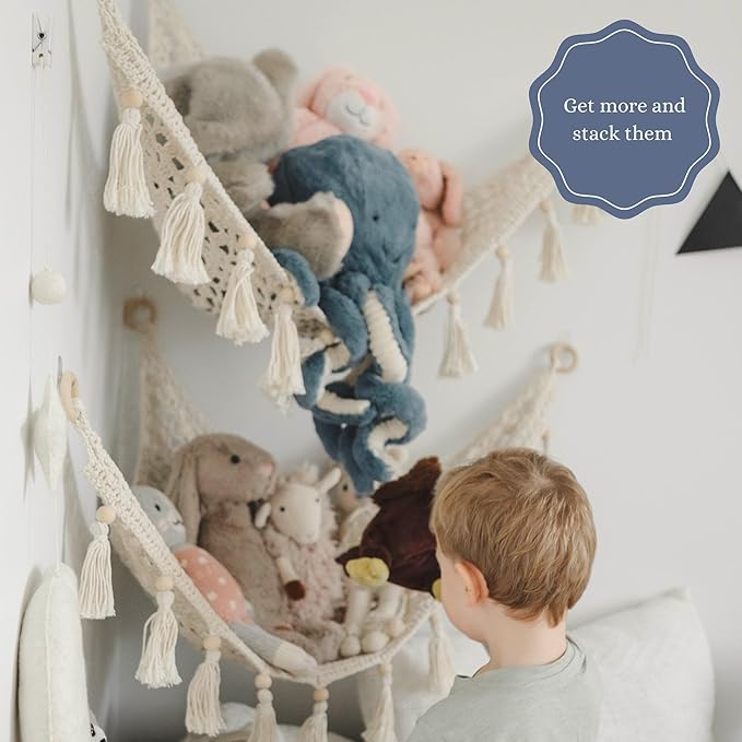 Macrame Toy Hammock for Stuffed Animals - Toy Hammock Net for Stuffed Animals Corner, Blue Nursery Decor, Plush Hammock, Hanging Stuffed Animal Organizer, Deep Sea Blue