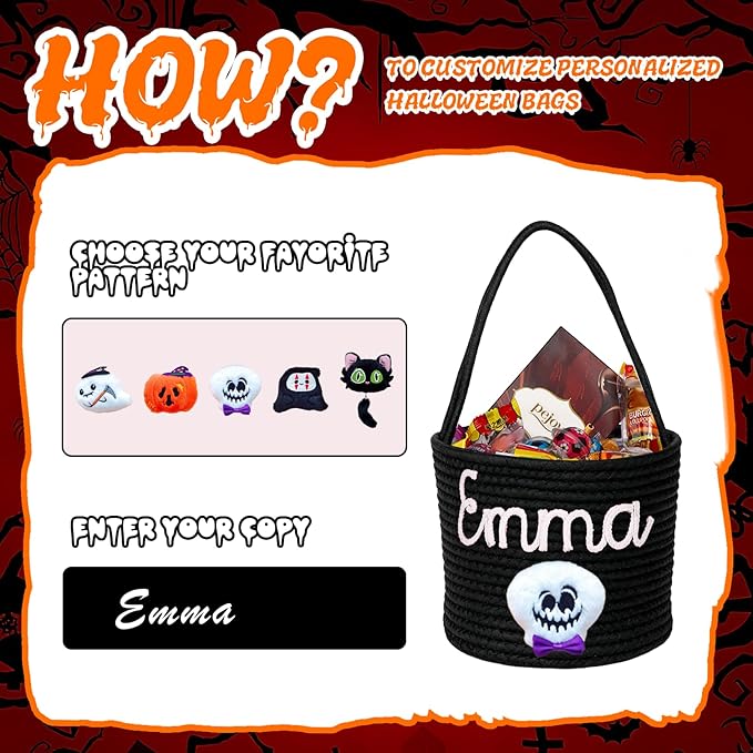 Personalized Halloween Basket, Custom Trick or Treat Bag with Name, Hand-Woven Candy Bucket, Spooky Decor for Boys & Girls (Style 1)