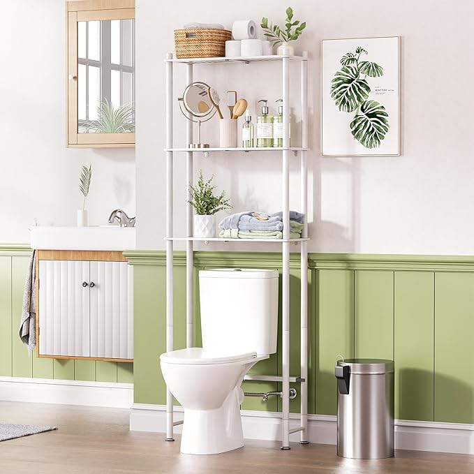 AmazerBath Over The Toilet Storage Bamboo, Bathroom Over Toilet Organizer Rack, 3-Tier Over Toilet Shelf, Space Saver, White