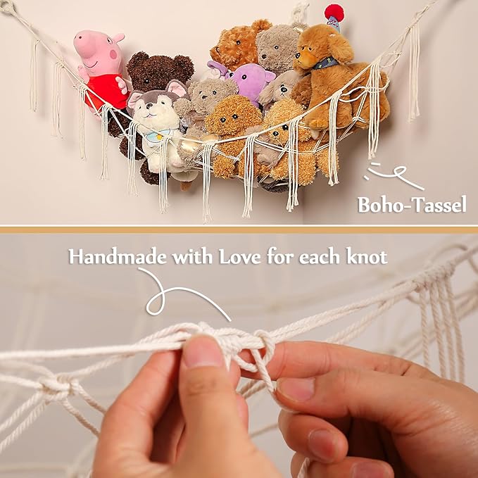 Stuffed Animals Hammock Corner Hanging Net Macrame Stuffed Animal Storage Plush Toy Holder Toy Organizer for Boho Nursery Playroom Bedroom Kids Room (cream, Large)