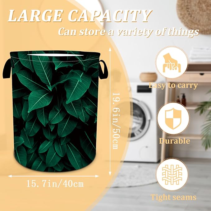 Tropical Leaves Laundry Basket, Plants Laundry Hamper Foldable Waterproof Oxford Cloth Funny Tote Bag Dirty Clothes Storage Bucket Toy Organizer for Bathroom/Laundry/Bedroom 15.7"x19.6"