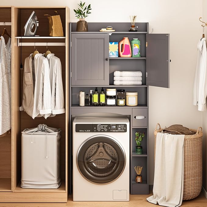 Ahomly Over The Toilet Storage Cabinet, 32.3" W Over Toilet Bathroom Organizer with Doors, Adjustable Shelves, Toilet Paper Holder, 2 Side Hooks, Space-Saver for Bathroom, Laundry, Grey